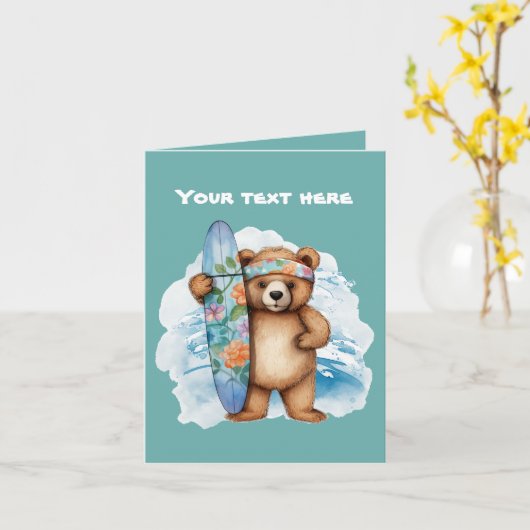 かわいいサーフィンクマ追加文字 カード (黄色い花)