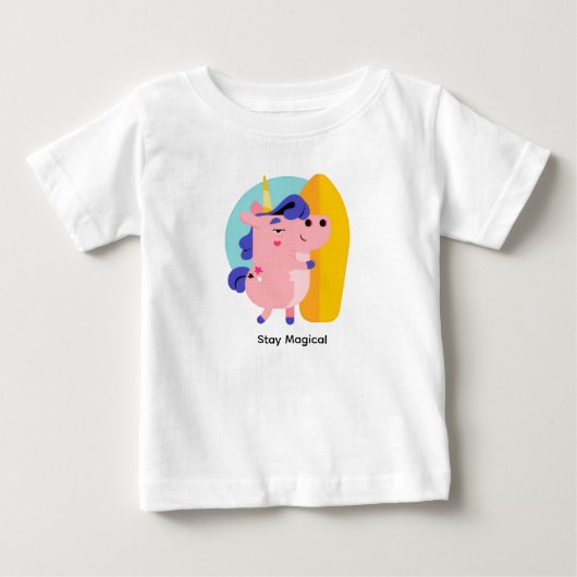 かわいいサーフィンユニコーン – 夏のビーチ ベビーTシャツ (正面)