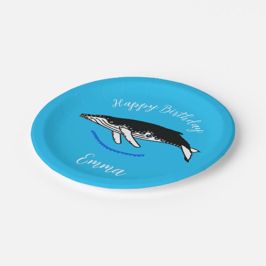 かわいいザトウクジラ – ハッピーバースデー – 青パーティー ペーパープレート (アングル)