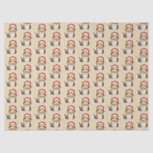 かわいいシェットランド・ シープドッグインサンタズハットラッピング紙 薄葉紙 (正面)