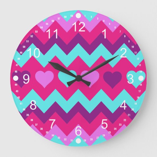 かわいいシェブロンのハートのピンクのティール（緑がかった色）の10代のな女の子のギフト ラージ壁時計 (正面)