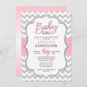 かわいいシェブロンピンクグレーの足ベビーシャワーガール 招待状 (正面/裏面)