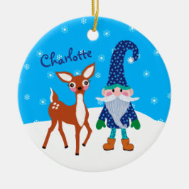 かわいいシカとブルーのノーム クリスマスキッズ セラミックオーナメント