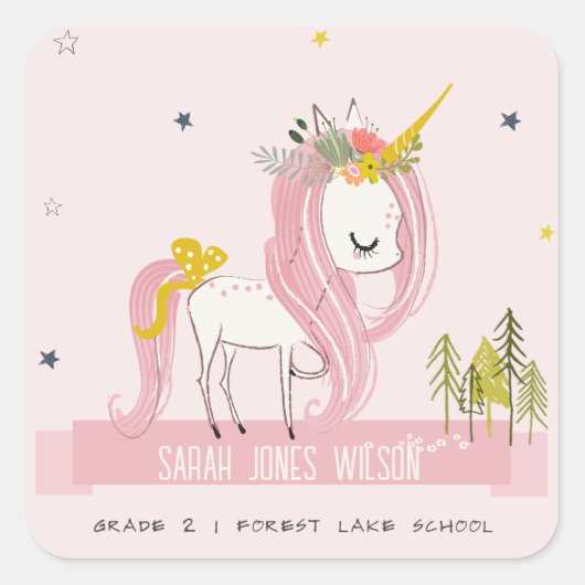 かわいいシックお洒落マジカルユニコーンピンクプリンセス スクエアシール (正面)