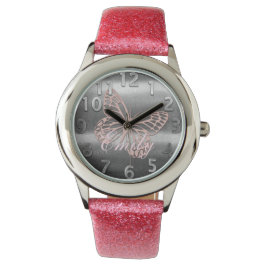 かわいいシックなシルバーピンクの蝶の名前を追加 腕時計
