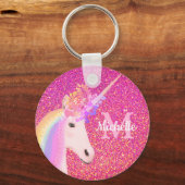 かわいいシックなレインボーユニコーンピンクグリッター名 キーホルダー (正面)