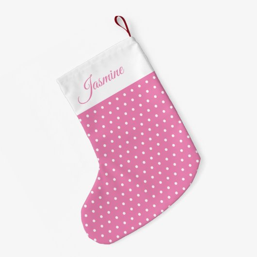 かわいいシックな名前ピンクとホワイト水玉模様 スモールクリスマスストッキング (裏面 (吊り時))