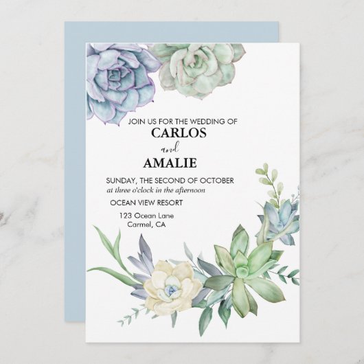 かわいいシックな多肉植物ブルーグリーン 招待状 (正面/裏面)