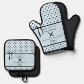 かわいいシックガーリーライトブルーとブラック水玉模様 鍋つかみ&鍋敷きセット (正面/裏面)