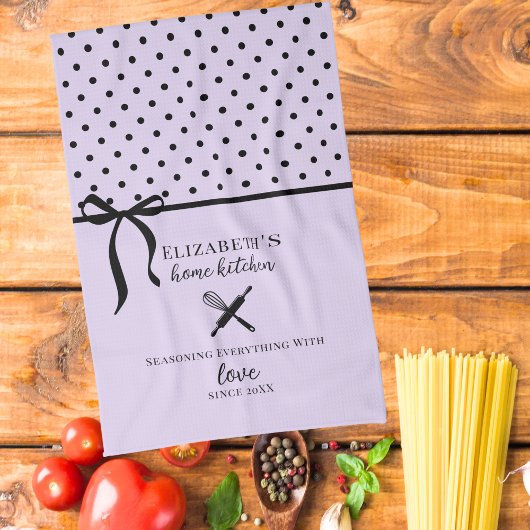 かわいいシックガーリーライト薄紫とブラック水玉模様 キッチンタオル