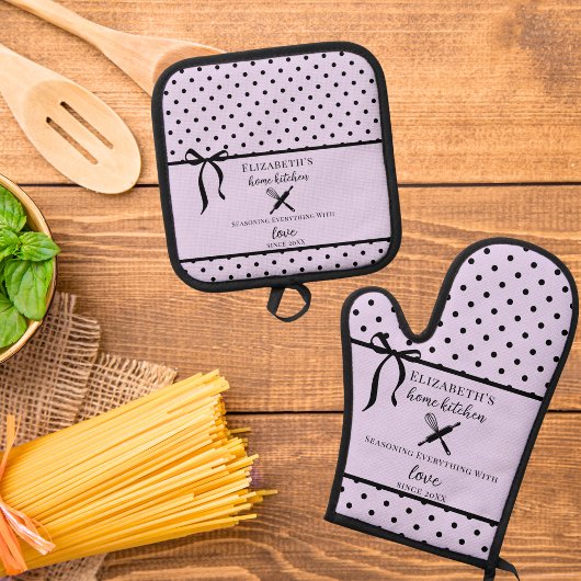 かわいいシックガーリーライト薄紫とブラック水玉模様 鍋つかみ&鍋敷きセット
