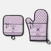 かわいいシックガーリーライト薄紫とブラック水玉模様 鍋つかみ&鍋敷きセット (正面)