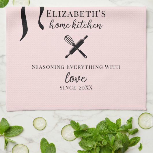 かわいいシックガーリー赤面ピンク&ブラック水玉模様 キッチンタオル (折り畳み)