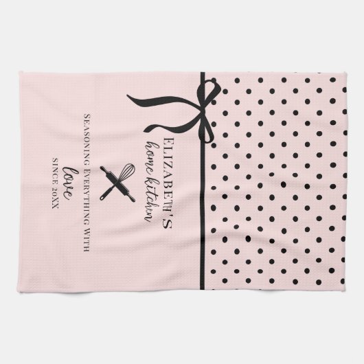 かわいいシックガーリー赤面ピンク&ブラック水玉模様 キッチンタオル (横)