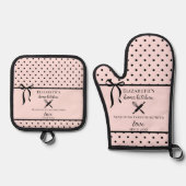 かわいいシックガーリー赤面ピンク&ブラック水玉模様 鍋つかみ&鍋敷きセット (正面)