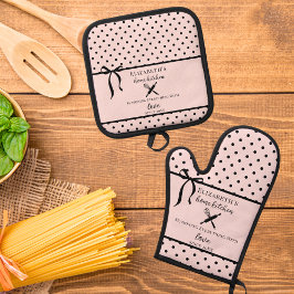 かわいいシックガーリー赤面ピンク&ブラック水玉模様 鍋つかみ&鍋敷きセット