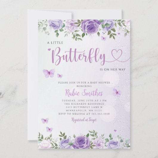 かわいいシック紫のフローラ蝶ガールベビーシャワー 招待状 (正面)