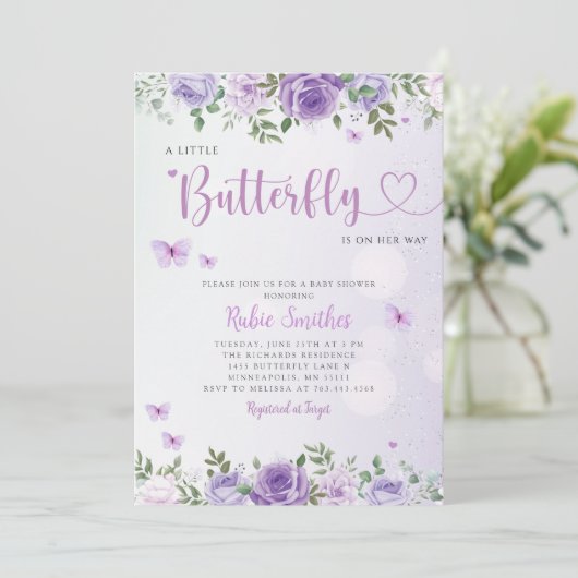 かわいいシック紫のフローラ蝶ガールベビーシャワー 招待状 (スタンド正面)