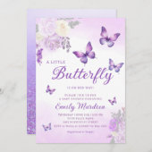 かわいいシック紫のフローラ蝶ガールベビーシャワー 招待状 (正面/裏面)