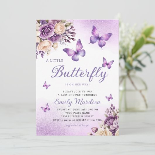 かわいいシック紫のフローラ蝶ガールベビーシャワー 招待状 (スタンド正面)