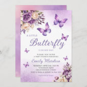 かわいいシック紫のフローラ蝶ガールベビーシャワー 招待状 (正面/裏面)