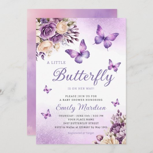 かわいいシック紫のフローラ蝶ガールベビーシャワー 招待状 (正面/裏面)