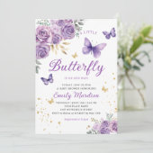 かわいいシック紫のフローラ蝶ガールベビーシャワー 招待状 (スタンド正面)