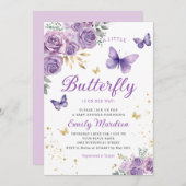 かわいいシック紫のフローラ蝶ガールベビーシャワー 招待状 (正面/裏面)