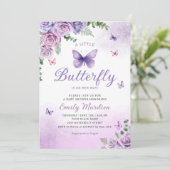 かわいいシック紫のフローラ蝶ガールベビーシャワー 招待状 (スタンド正面)