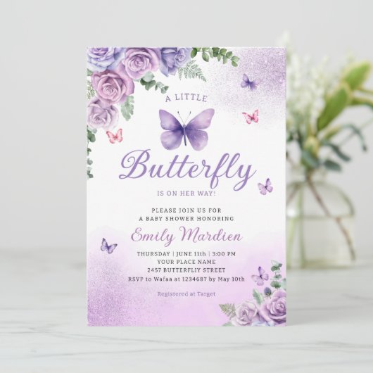 かわいいシック紫のフローラ蝶ガールベビーシャワー 招待状 (スタンド正面)