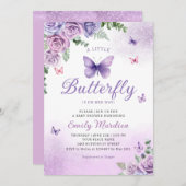 かわいいシック紫のフローラ蝶ガールベビーシャワー 招待状 (正面/裏面)