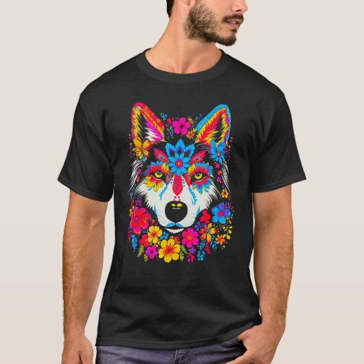 かわいいシベリアンハスキー犬の花 Tシャツ (正面)