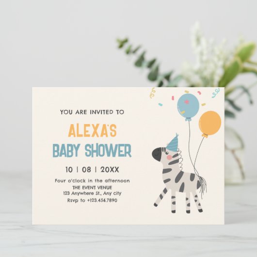 かわいいシマウマの風船 招待状 (スタンド正面)
