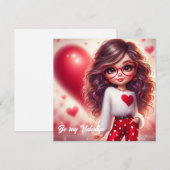 かわいいシャイなバレンタインの女の子 赤いハート シーズンカード (正面/裏面)