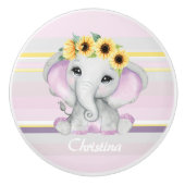 かわいいシャイベビーゾウの女の子ヒマワリ セラミックノブ (正面)