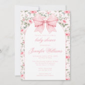 かわいいシャビーなシックなピンクの弓のベビーガールシャワー 招待状 (正面)