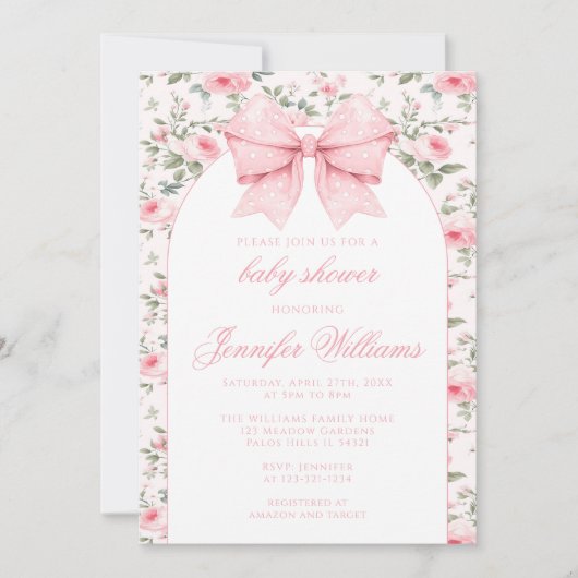 かわいいシャビーなシックなピンクの弓のベビーガールシャワー 招待状 (正面)