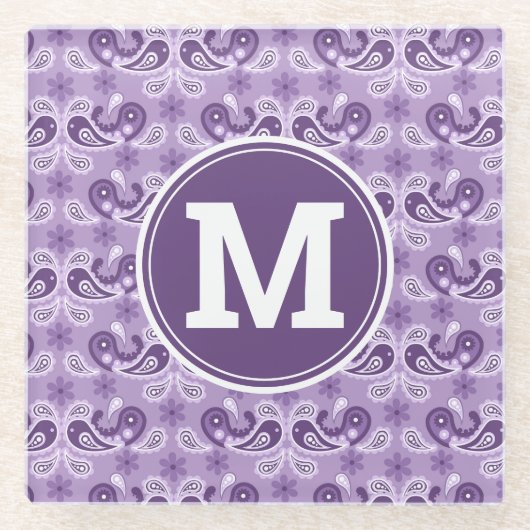 かわいいシャビーシック紫と白のペイズリーモノグラム ガラスコースター (正面)