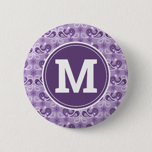 かわいいシャビーシック紫と白のペイズリーモノグラム 缶バッジ (正面)