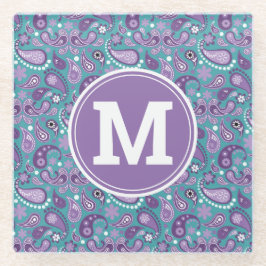 かわいいシャビーシック紫と青のペイズリーモノグラム ガラスコースター
