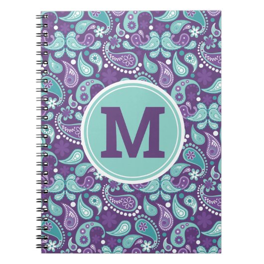 かわいいシャビーシック紫と青のペイズリーモノグラム ノートブック (正面)