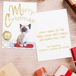 かわいいシャムの子猫のクリスマスゴールドオーナメント シーズンカード