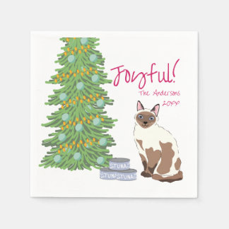 かわいいシャム猫とツナのクリスマス Joyful スタンダードカクテルナプキン