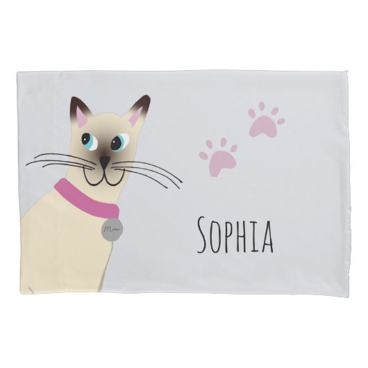 かわいいシャム猫の手をプリントする名前キッズ 枕カバー (正面左)