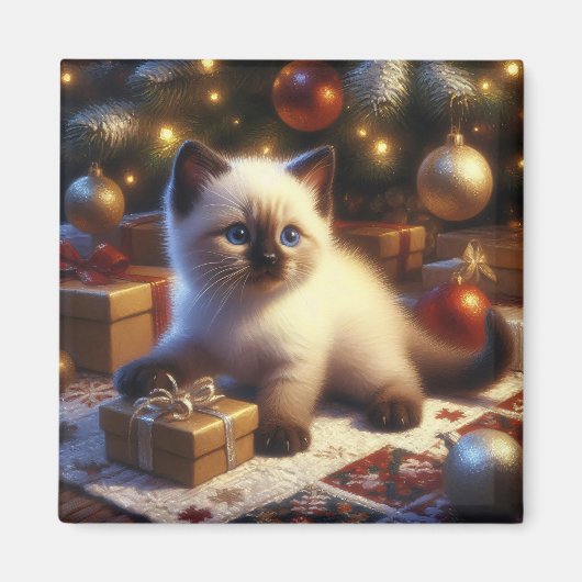 かわいいシャム猫クリスマス マグネット (正面)