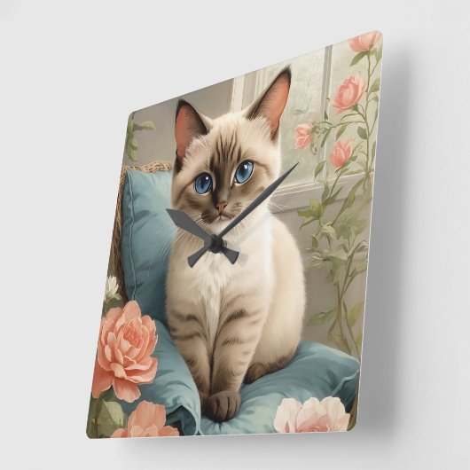 かわいいシャム猫 スクエア壁時計 (傾斜)