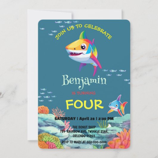 かわいいシャークカラフルレインボー誕生日パーティーキッズ 招待状 (正面)