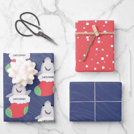 かわいいシャーククリスマスストッキング ラッピングペーパーシート (正面)