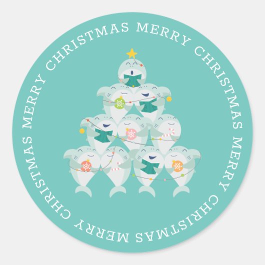 かわいいシャーククリスマスツリークラシックラウンドステッカー ラウンドシール (正面)