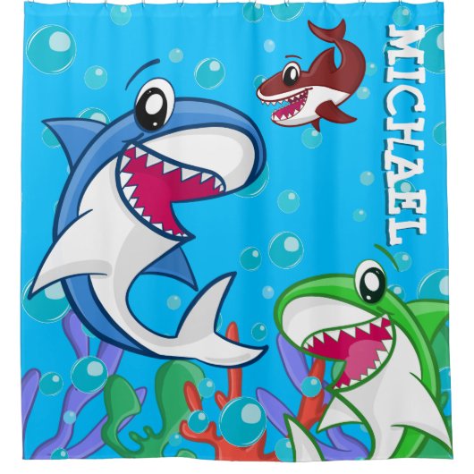 かわいいシャークシーライフ海ブルーカスタマイズ可能な子供 シャワーカーテン (正面)